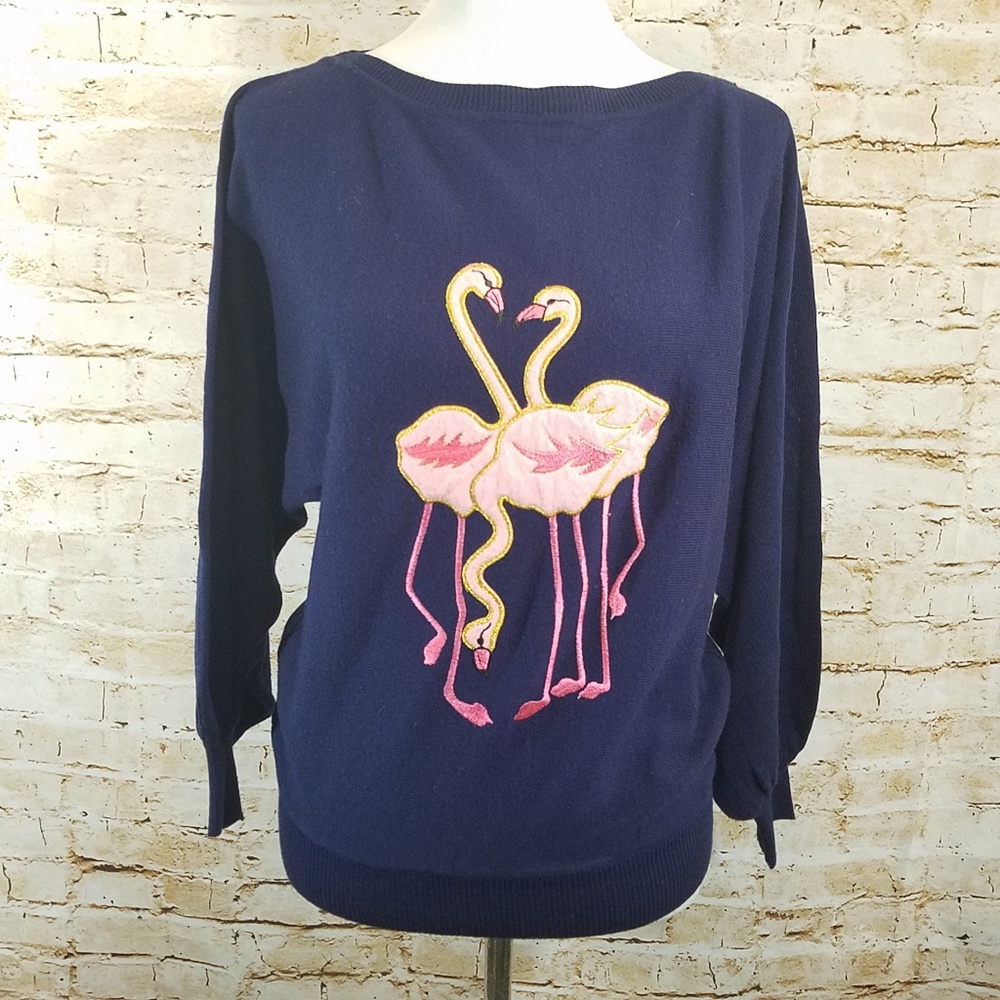 Vintage Leroy Knitwear Knit Navy Flamingo Sweater - Picture 1 of 4